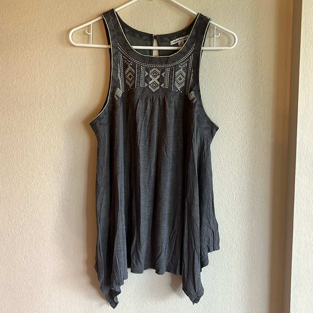 Gray tank top, American Eagle outfitters size medium, embroidered at top.